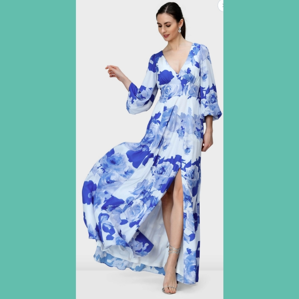 Watercolor Rose Print Crepe Vented Maxi Dress